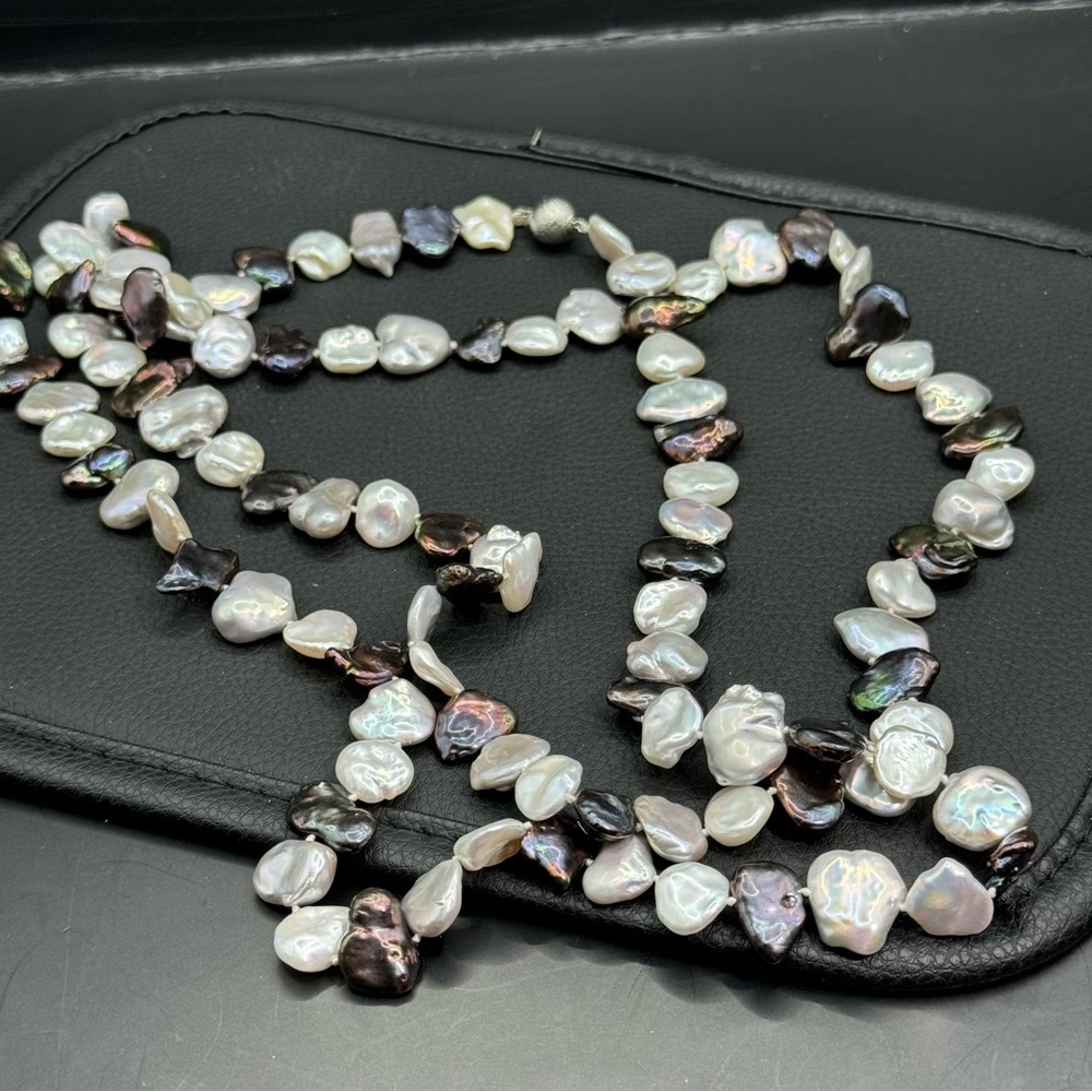 freshwater flat pearl very long necklace
